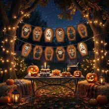 2pcs Halloween Vintage Theme Coffin Bunting, Black Cat, Owl, Pumpkin Head, Ghost, Skeleton Pattern, Suitable For Halloween Party Decoration, Wall Decor, Fireplace Decor, Halloween Party Gifts - A - View 5