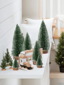 10pcs/1pc Snow Green Mini Artificial Christmas Tree, Small Christmas Tree Set With Wooden Base, Christmas Tabletop Decor, Winter Home, Winter Christmas Decoration Furniture - Multicolor - View 7
