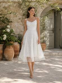 Pure White Geometric Embroidered Mesh A-Line Midi Dress - 白色 - 查看 9