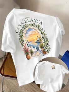 T-Shirt Femme Blanc Coton Oversize Col Rond Manches Courtes Imprimé Phare Au Coucher Du Soleil - 樣式1 - 查看 1