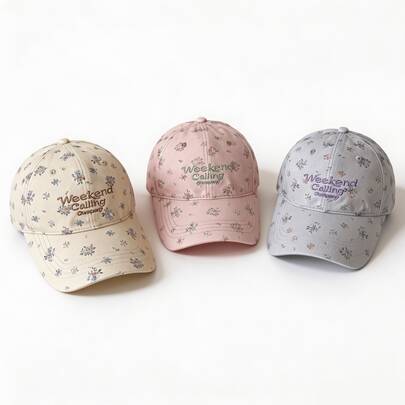 1件女款復古碎花棒球帽，週末字母刺繡軟頂爸爸帽，3色鄉村風休閒遮陽帽，適合戶外旅行街頭日常