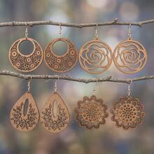 4 Pairs/Set Floral Textured Asymmetrical Hollow Wooden Earrings Set For Women, Vintage Bohemian , Daily Vacation All Season - Brown - View 5