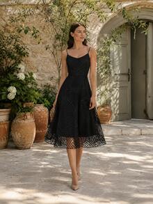 Classic Black Geometric Embroidered Cocktail Midi Dress - 黑色 - 查看 6