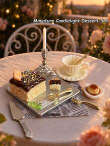 Miniature Dollhouse Candlelight Dessert Model Set, 1:12 Cake, Caramel Pudding, Teacup And Candlestick Miniature Models, With Mini Tableware And Tray, Miniature Model House Romantic Dining Scene Decoration And Photography Props - one-size - View 8