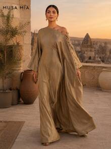 Bronze-goldenes asymmetrisches Satin-Maxikleid im türkischen Stil - Braun - Übersicht 6