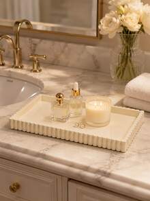 1pc Flexible Cream White Ribbed Jewelry Tray, Elegant Rectangular Decorative Storage Tray, Suitable For Rings, Necklaces, Bracelets, Perfume And Vanity Decor, Women's Gift, Room Decoration, Jewelry Storage, Jewelry Rack, Vanity Storage, Makeup Brush Holder - Multicolor - View 1