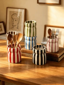 1pc Colorful Striped Kitchen Utensil Holder, Wavy Design Cutlery Organizer Box, Suitable For Spoons, Forks And Chopsticks, Multi-Functional Countertop Storage Cup, Modern Home Decor And Housewarming Gift - Multicolor - View 5