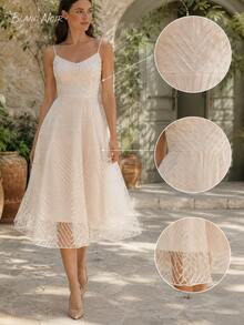 Blush Apricot Geometric Embroidered A-Line Midi Dress - 杏色 - 查看 10