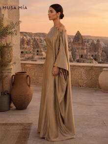 Bronze-goldenes asymmetrisches Satin-Maxikleid im türkischen Stil - Braun - Übersicht 3