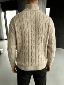 Khaki Half-Zip High Neck Knit Sweater Men's Vintage Textured Loose Casual Autumn/Winter Warm Top - Khaki - View 3