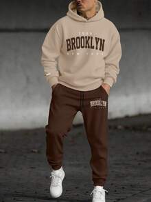 Youth Boy Letter Print Warm Hoodie And Pants Set - Apricot - View 1