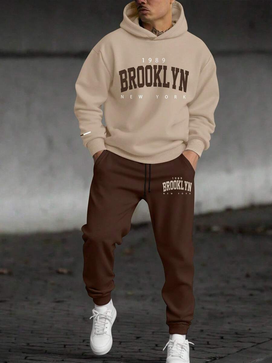 Youth Boy Letter Print Warm Hoodie And Pants Set - Apricot - View 1