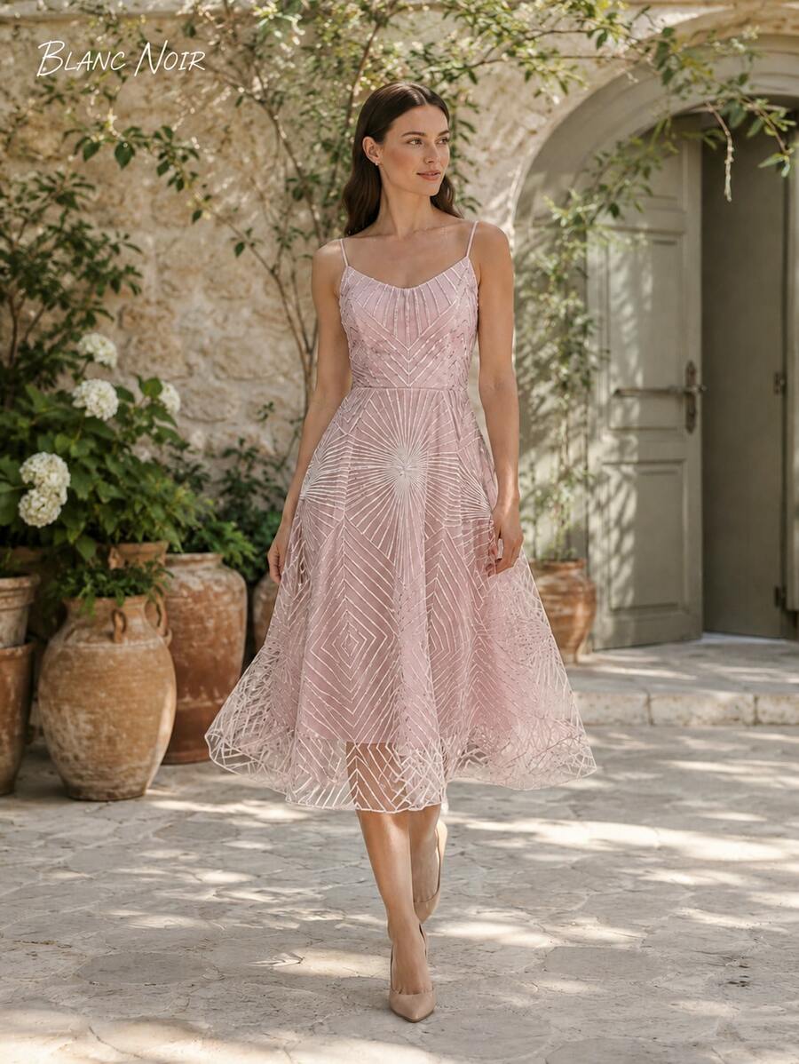 Romantic Pink Geometric Embroidered Mesh Midi Dress - 粉色 - 查看 1