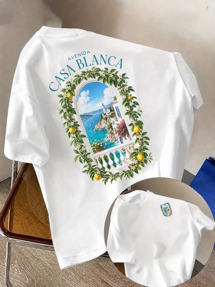 T-Shirt Femme Blanc Coton Oversize Col Rond Manches Courtes Imprimé Médaillon Pâle Aux Citrons - 樣式1 - 查看 1