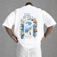 Camiseta de algodón blanca de talla grande con estampado de persianas azules, flores blancas y granadas. - estilo1 - Ver 2