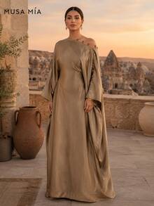 Bronze-goldenes asymmetrisches Satin-Maxikleid im türkischen Stil - Braun - Übersicht 2