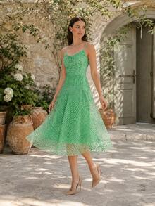 Fresh Green Geometric Embroidered Summer Midi Dress - 綠色 - 查看 4