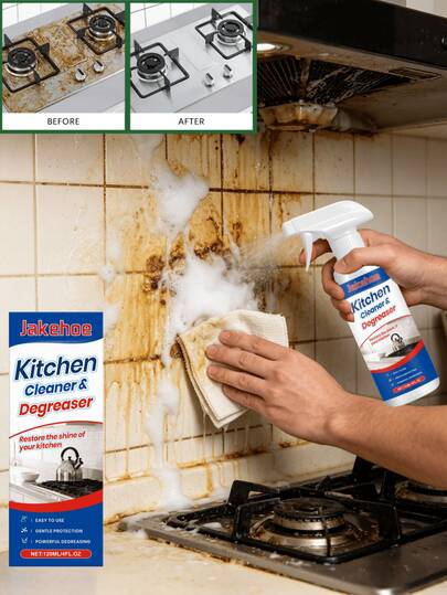 Detergente sgrassante per cucina Jakehoe, rimuovitore di grasso resistente per fornelli, forni e pareti. La potente schiuma penetra e dissolve rapidamente i residui oleosi ostinati.