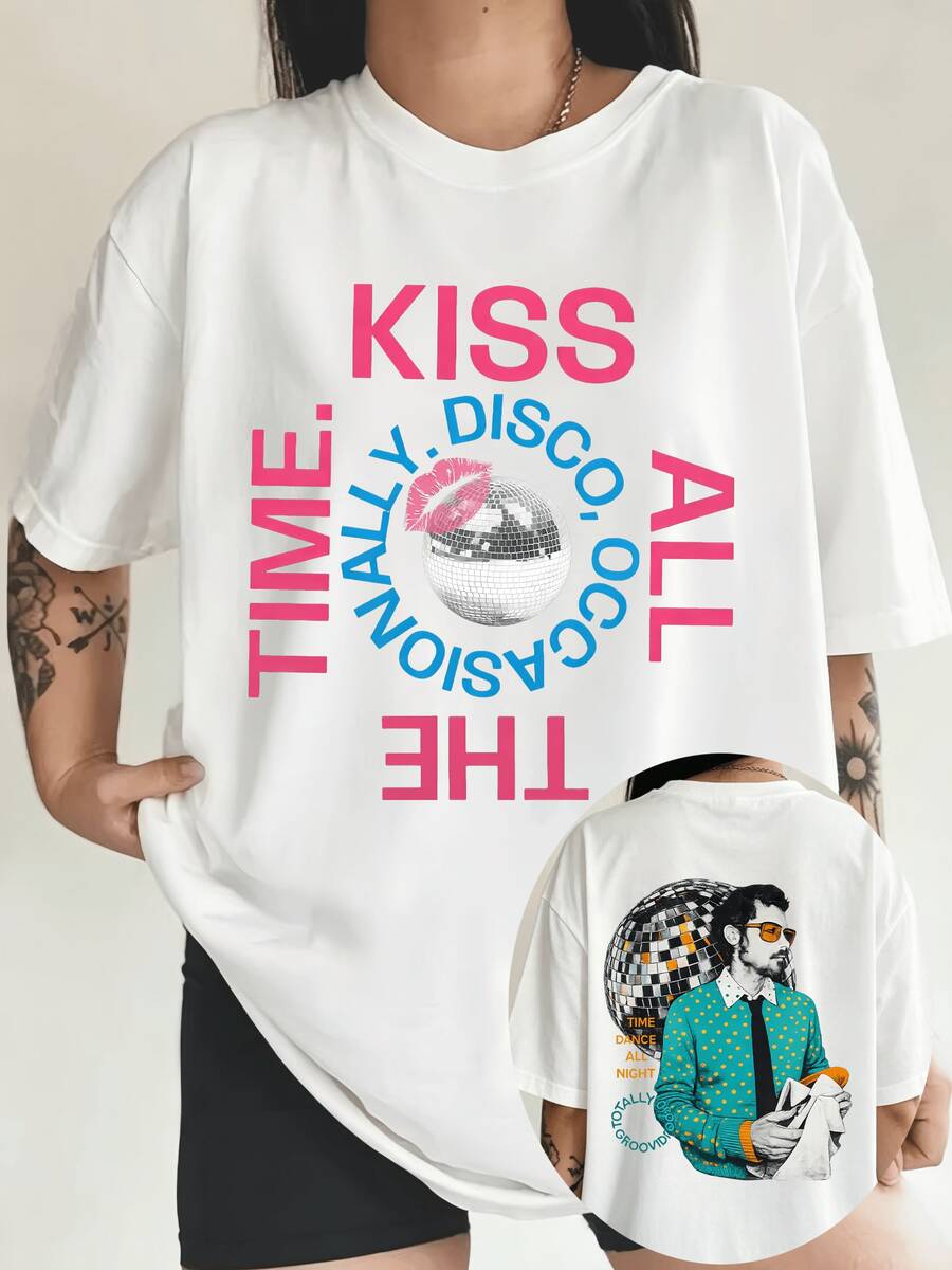 Harryss Styles Disco Ball Double Sided Print T Shirt Retro Concert Graphic Women Loose Casual Tee - 白色 - 查看 1