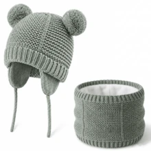 Knitted Baby Hat And Scarf Set, Winter Warm Unisex Toddler Beanie With Warm Lining And Pom Pom - Double Ball Small Earmuffs Two-piece Set - View 15