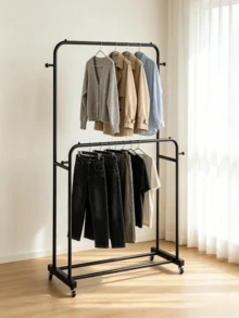 1pc Two-Tier Wheeled Iron Drying Rack, Freestanding Clothes Hanger For Household Use, Movable Balcony Garment Storage Rack - Black - View 5