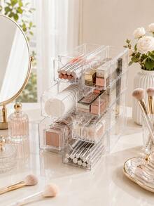 1pc Women's Transparent Stackable Acrylic Makeup Organizer Box With Dust-Proof Multi-Compartment Drawers, Display Storage Box For Makeup Brushes, Lipsticks And Glasses, Minimalist Modern Desktop Organizer For Vanity, Bedroom, Bathroom And Dormitory Dressing Table - Clear - View 4
