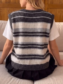 JIANHU Autumn/Winter Striped Knit Vest, Women's Comfortable Fuzzy Sweater Vest, Button Front, Casual Layering Fall - Dark Gray - View 6
