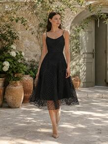 Classic Black Geometric Embroidered Cocktail Midi Dress - 黑色 - 查看 1