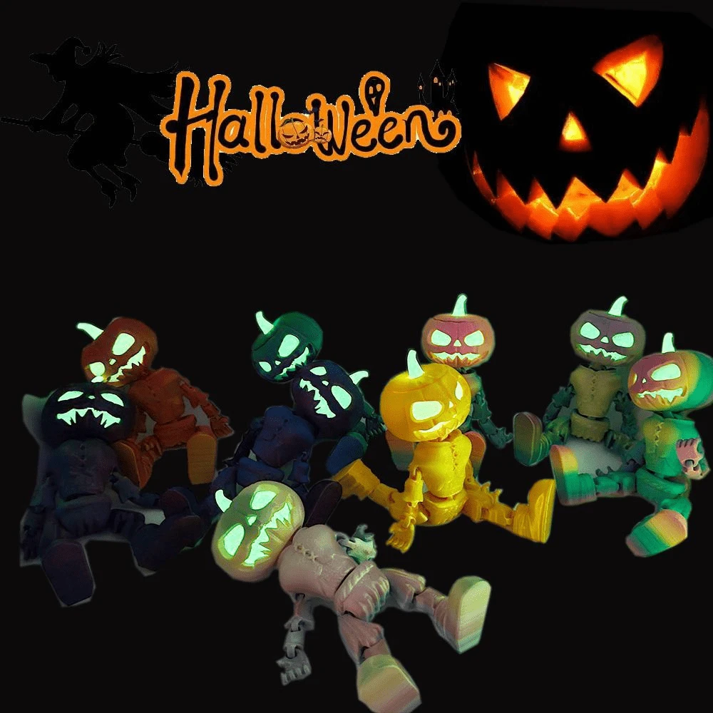 New Halloween Pumpkin Skeleton 3D Printed Jointed Movable Glowing Ornament Decor Model - Multicolor - View 1