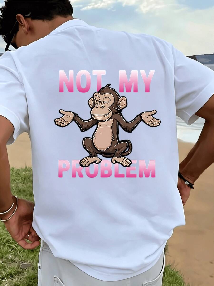 Affen Motiv mit Nicht mein Problem Statement Herren TShirt Streetwear Print Kurzarm Sport Casual Shirt Bequemes Design Alltag und Freizeit - Blanc - Voir 1