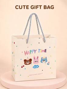 3入可愛動物 Happy Time 禮物袋，彩色熊、兔子、貓咪派對伴手禮袋，附提把，適合生日、零食與小禮物 - 查看 1