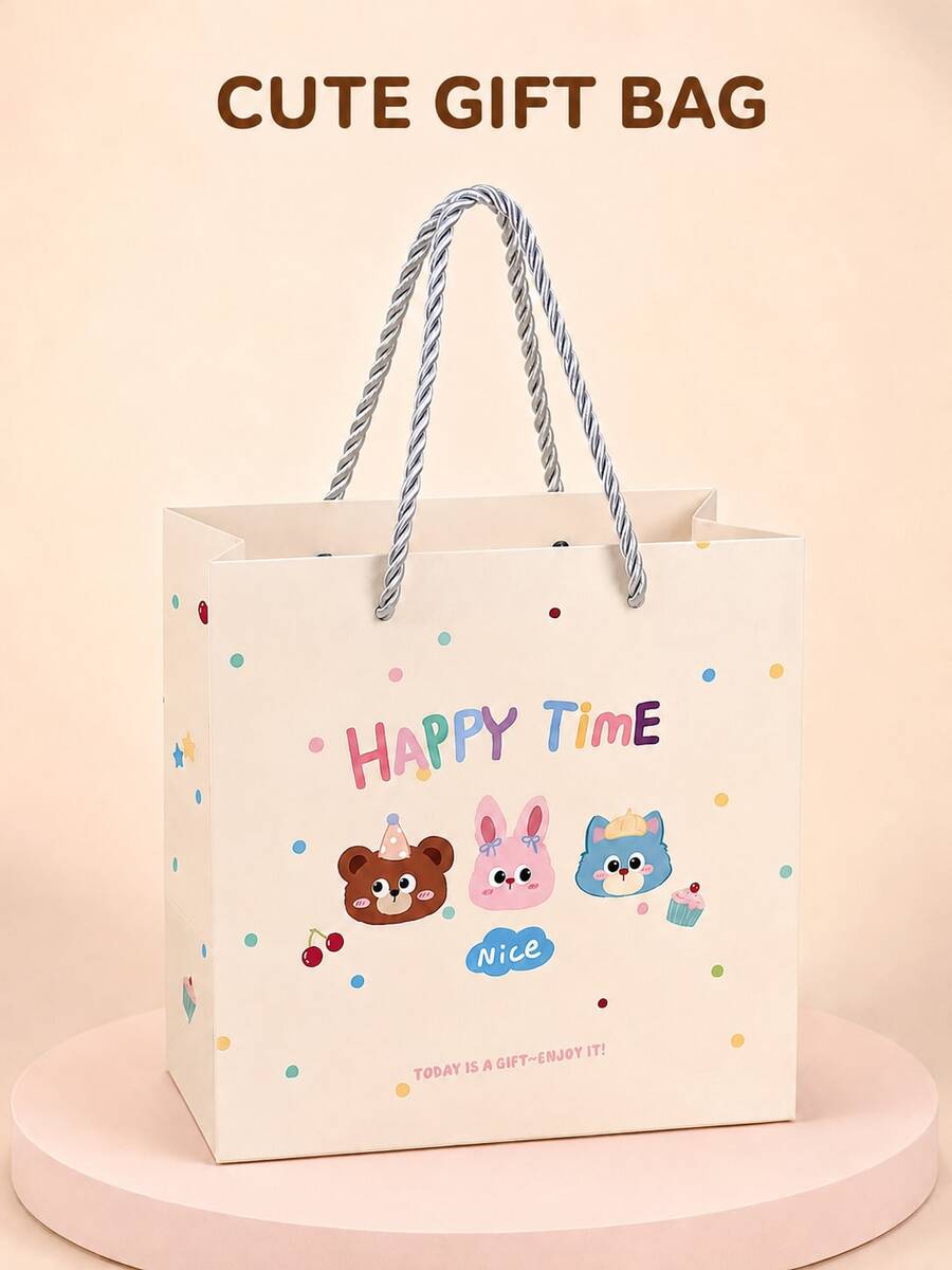 3入可愛動物 Happy Time 禮物袋,彩色熊、兔子、貓咪派對伴手禮袋,附提把,適合生日、零食與小禮物 - 查看 1