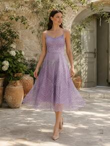 Soft Lavender Geometric Embroidered A-Line Midi Dress - 紫色 - 查看 4