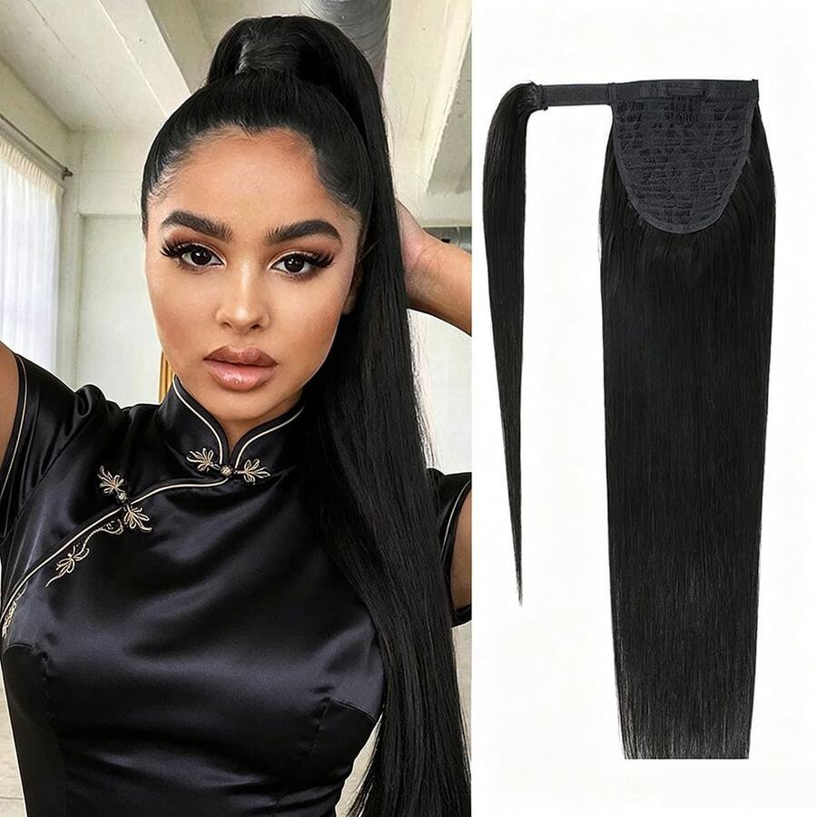 BINF Rambut Kepang Lurus Hitam Alami 26 Inci, Ekstensi Wig Ekor Kuda Rambut Lurus Wanita, Kepang Rambut Sintetis untuk Penggunaan Sehari-hari