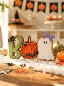 1 Peça Ornamento de Mesa com Letra BOO de Halloween, Decoração Combinada de Abóbora e Fantasma, Placa de Letra BOO, Decoração de Mesa de Halloween, Ornamento com Padrão de Abóbora, Fantasma e Morcego, Decoração com Tema de Casa Assombrada, Arranjo de Festa de Terror, Acento de Mesa de Lareira - Estilo 1 - Visão 12