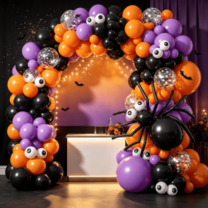 135Pcs Spooky Halloween Balloon Arch Package, Orange Purple Black Balloons With Bat Wing Decorations & Eyeball Balloons, Scene Fittings For Halloween Bash And Indoor Outdoor Cosplay Activity