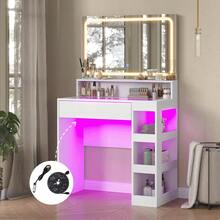 CollaredEagle Vanity Desk With Illuminated Mirror & Power Outlet, Bedroom Dresser LED Mirror Stepless Dimmable & 3 Color Modes Adjustable, LED Tempered Glass Top, Large-Capacity Storage Shelving - 白色 - 查看 9