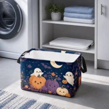 1pc Halloween Pumpkin Ghost Cat Pattern Storage Basket, Polyester Fabric Foldable Organizer Bin For Clothes Blankets Seasonal Decorations Closet Bedroom Home Storage - View 9
