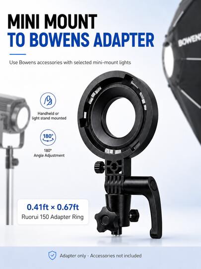 حلقة محول Ruorui 150 Bowens مع مقبض، حامل زاوية قابل للتعديل، متوافق مع أضواء الفيديو LED الصغيرة، محول حامل الإضاءة، مناسب لملحقات الصندوق الناعم والعاكس والأنبوب الضيق