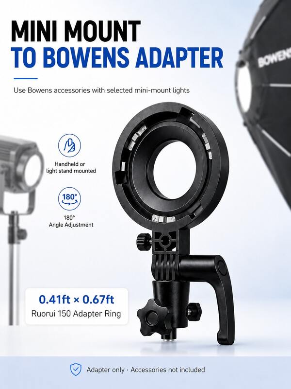 Ruorui 150 Bowens Mount Adapter Ring With Handle, Adjustable Angle Bracket, Compatible With Mini LED Video Lights, Light Stand Mount Converter, Suitable For Softbox, Reflector, Snoot Accessories