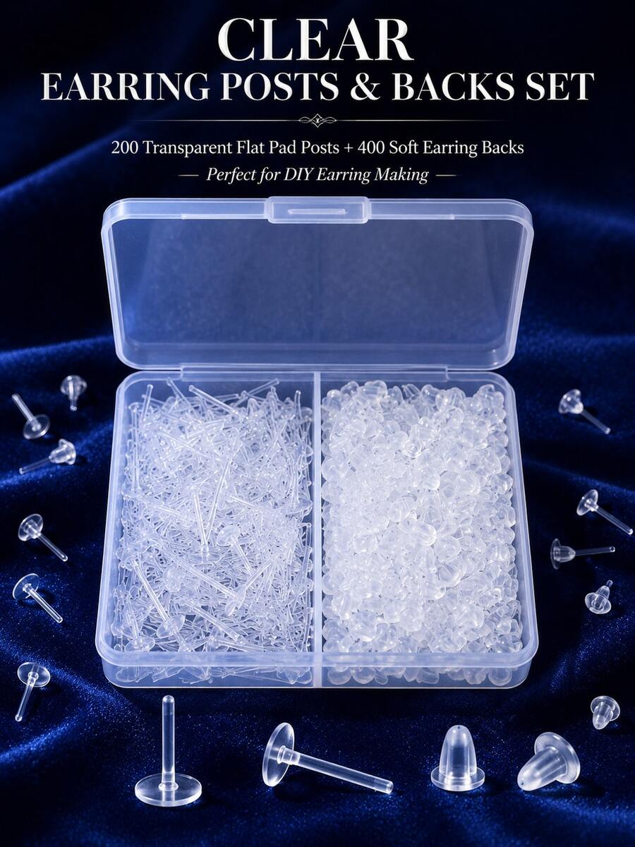 200/600件低過敏塑膠耳環耳針與耳背套組,DIY耳環製作材料包,包含耳針、耳背與配件,耳環製作配件,DIY耳環展示架 - 無色 - 查看 1