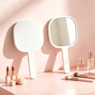 1pc Pure White Round Corner Acrylic Portable Handheld Makeup Mirror With Extended Non-Slip Handle, High Definition Distortion-Free Mirror Surface, Student Dorm Home Commute Travel Pocket Touch-Up Grooming Small Mirror