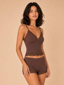 Sodalemon Women 2 Pieces Set Sleeveless Short Pajama Set With Spaghetti Strap Contrast Lace Detail And Plain Design Knitted Fabric Spring/Summer/Fall Pajamas - Brown - View 6
