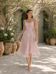 Romantic Pink Geometric Embroidered Mesh Midi Dress - 粉色 - 查看 9