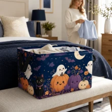 1pc Halloween Pumpkin Ghost Cat Pattern Storage Basket, Polyester Fabric Foldable Organizer Bin For Clothes Blankets Seasonal Decorations Closet Bedroom Home Storage - View 3