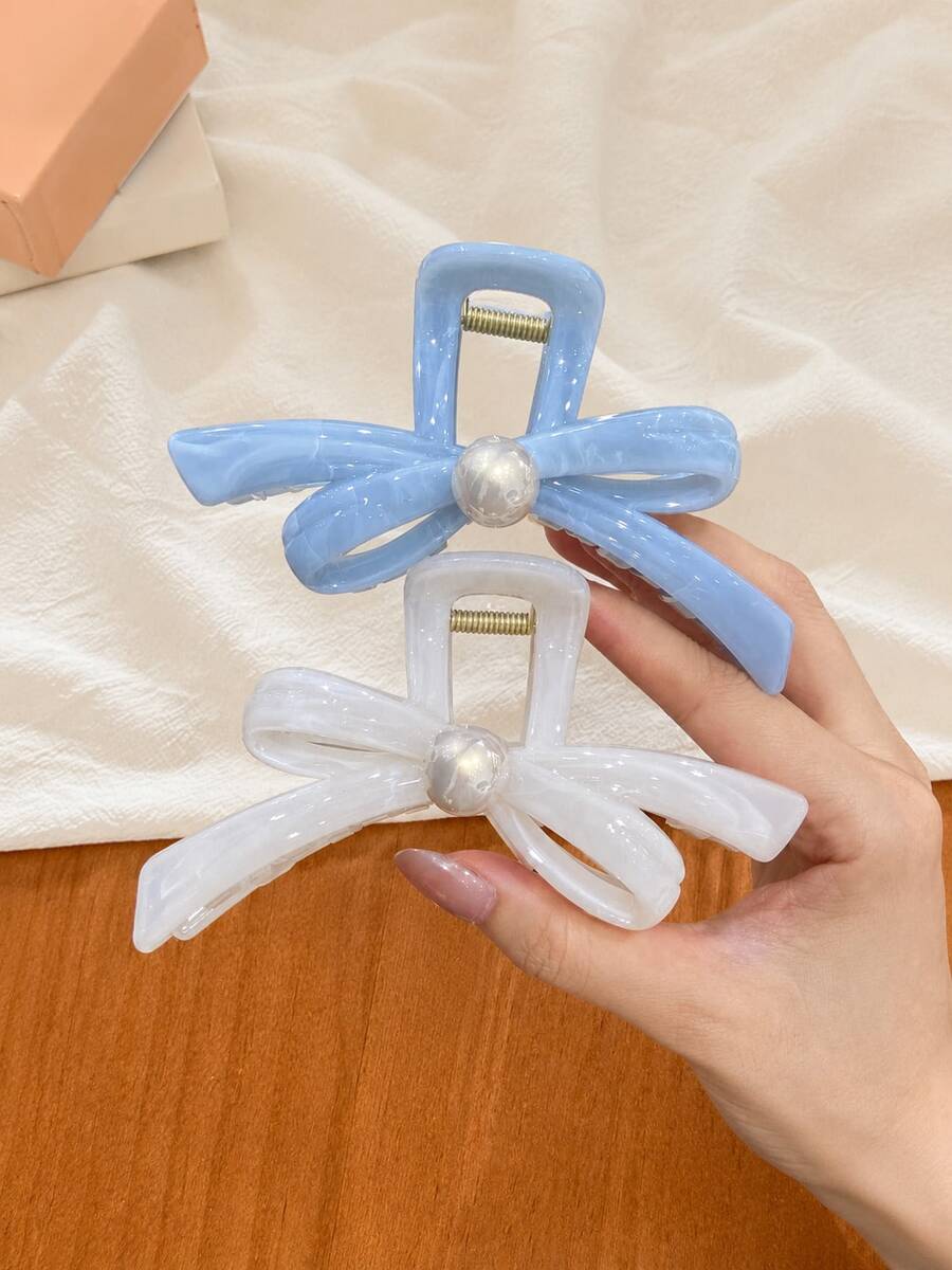 2/1pc Premium Blue/White Bow Pearl Hair Claw, Elegant Versatile Hair Claw For Back Of Head, Fashionable Minimalist Solid Color Hair Grip, Suitable For Daily, Casual, Party, Beach, Vacation, Hairstyle Design, Face Washing/Hair Washing, Makeup, Clothing Accessory, Spring Hair Claw, Summer Hair Claw, Autumn Hair Accessory, Winter Hair Claw - Multicolor - View 1