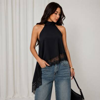 Blusa Bata Feminina halter Gola Alta Assimetrica com Renda Elegante Casual Chic Moda Feminina