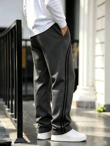 Celana Panjang Pria Kasual Model Melengkung dengan Motif Garis-Garis Blok Warna dan Pinggang Elastis, Gaya Minimalis, Cocok untuk Musim Semi/Gugur, Pakaian Sehari-hari dan Olahraga - Dark Grey - View 3