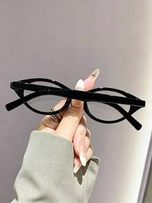 1pc Solid Color Casual Women's Oval Frame Plain Lens Glasses With Stud Decor, Y2K Fashion Style, Versatile Daily Wear, Party, Gathering, Street Style - Black Frame - View 3