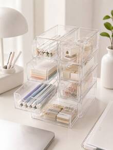 1pc Women's Transparent Stackable Acrylic Makeup Organizer Box With Dust-Proof Multi-Compartment Drawers, Display Storage Box For Makeup Brushes, Lipsticks And Glasses, Minimalist Modern Desktop Organizer For Vanity, Bedroom, Bathroom And Dormitory Dressing Table - Clear - View 12
